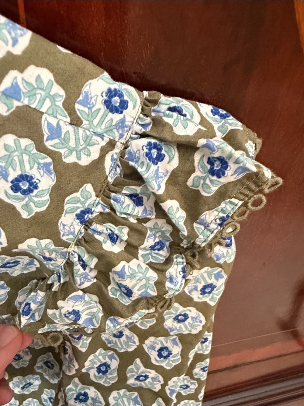 J. Crew Olive Floral Ruffle-Sleeve Blouse with Blue and White Motif